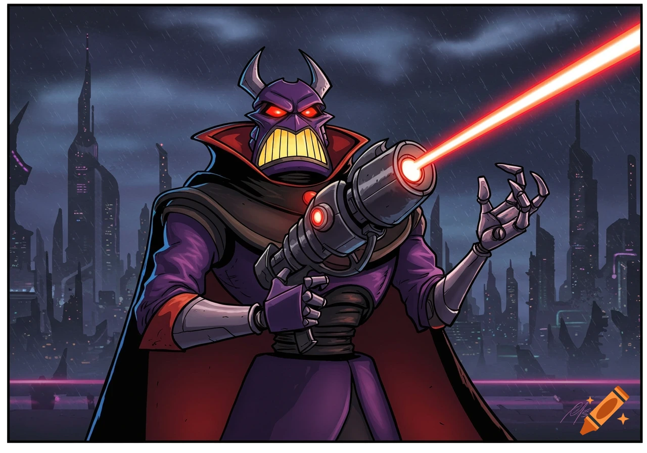 Emperor Zurg blasts a laser in a rainy futuristic city, comic book style.