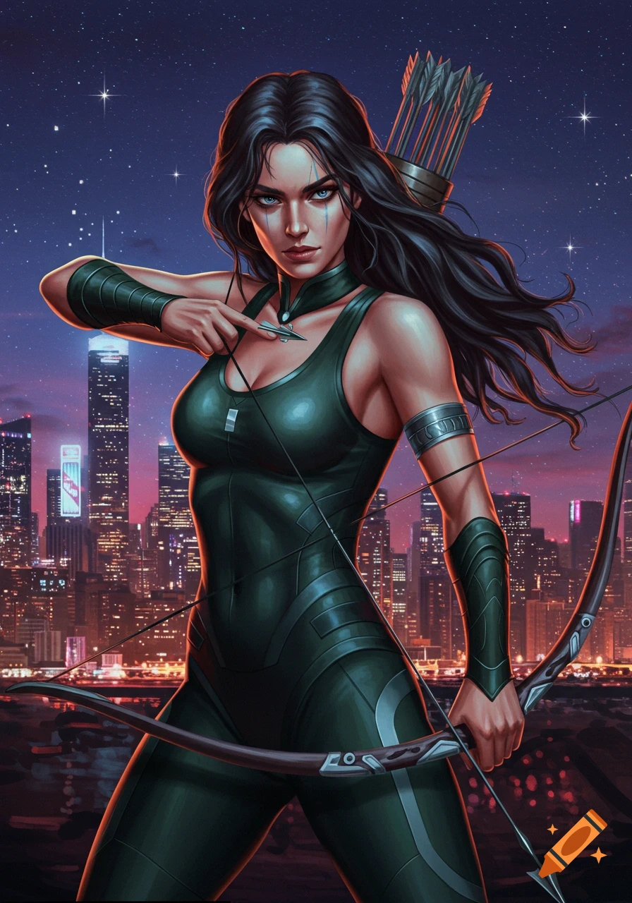 Illustration of a female archer in a modern outfit, holding a bow and arrow in front of a city skyline at night.