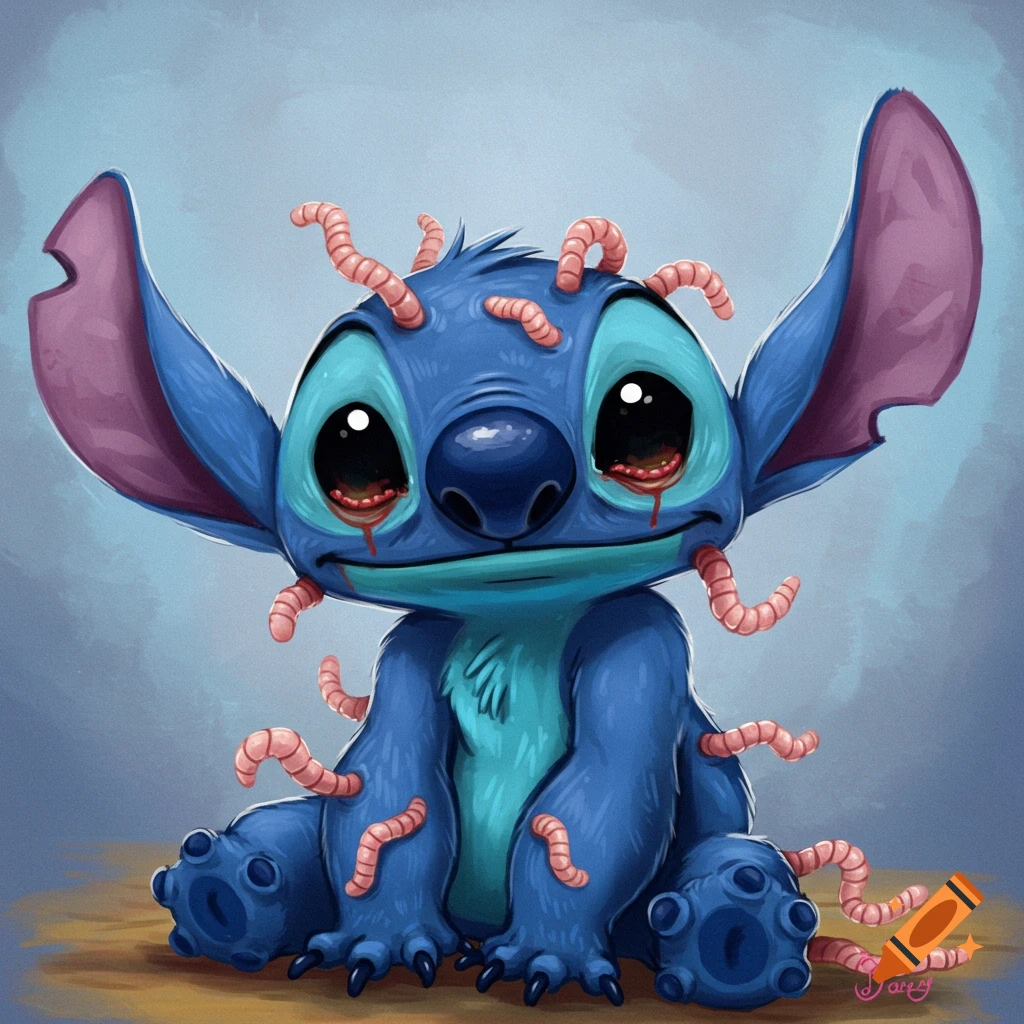 Blue cartoon creature with pink worms around its eyes and mouth, red around eyes