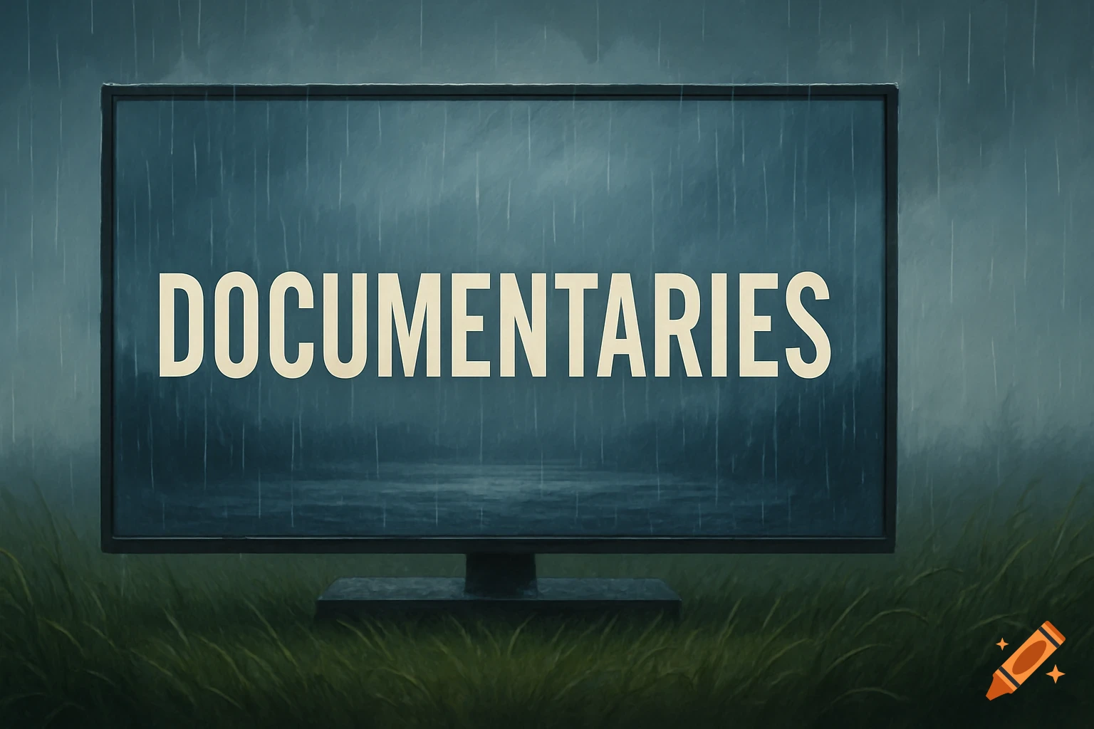 A wide screen TV displays 'DOCUMENTARIES' in the rain, with grass below, in a painterly style.