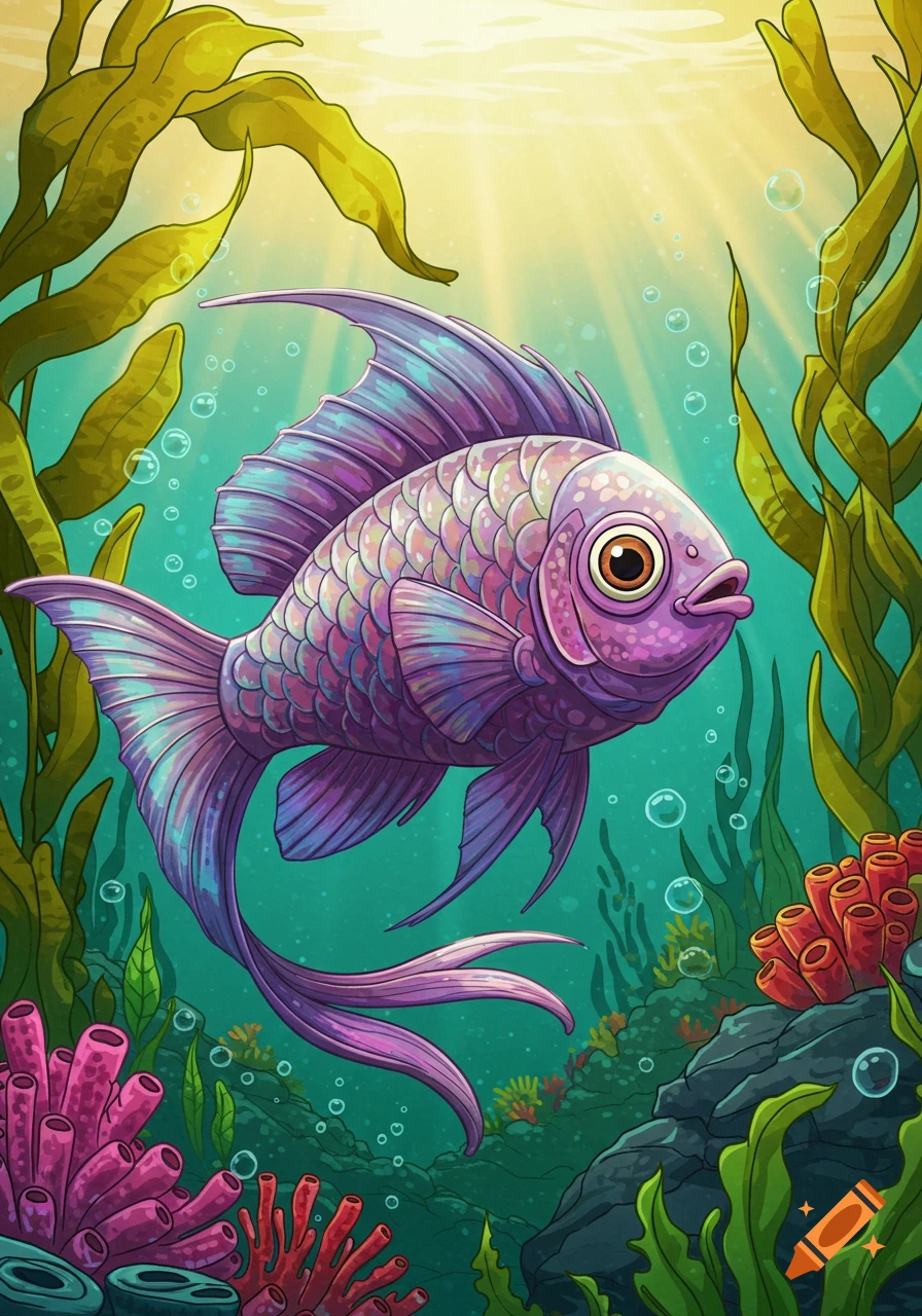Purple fish swimming in a vibrant underwater scene with seaweed, coral, and sunlight.