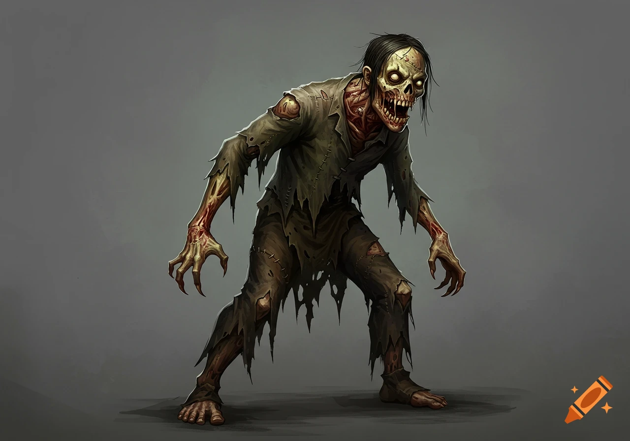 A scary illustration of a standing zombie with tattered clothes against a grey background.