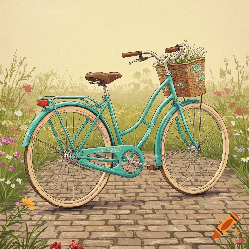 An illustration of a turquoise bicycle with a basket of flowers on a brick path, surrounded by wildflowers.
