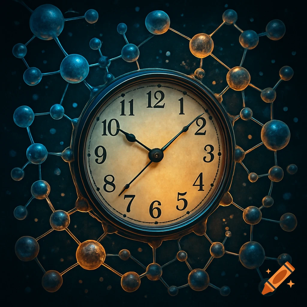 An analog clock surrounded by interconnected molecules.