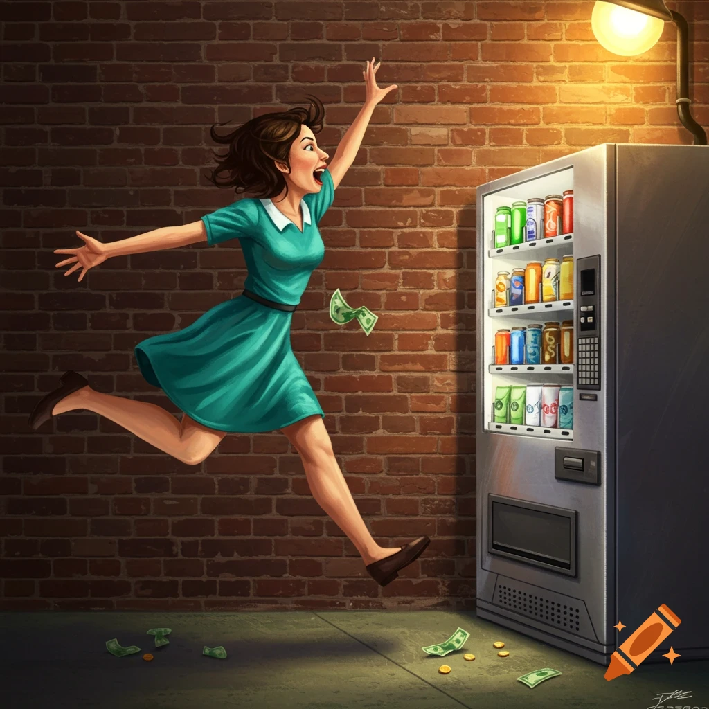 An illustration of a woman in a green dress running towards a vending machine with money flying around her.
