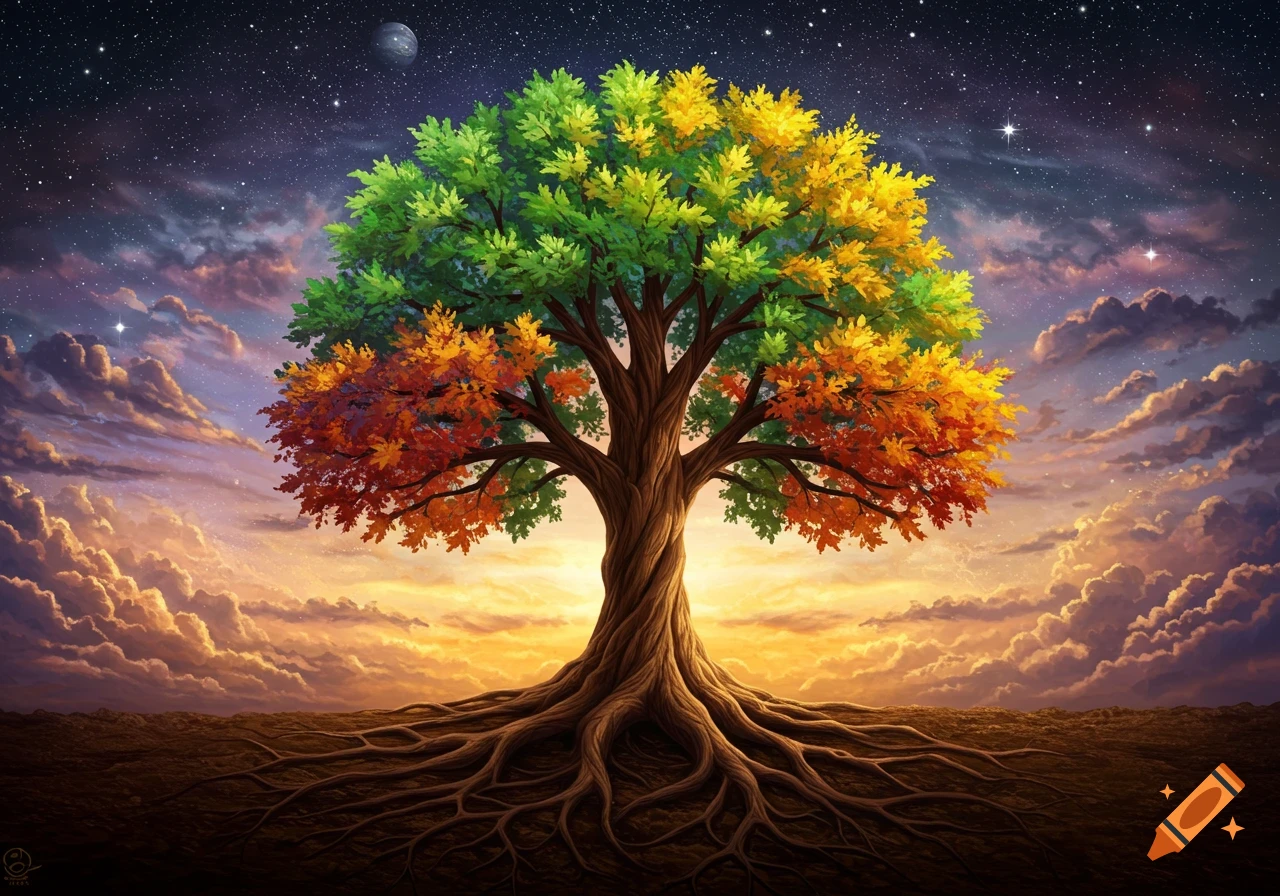 Stylized digital painting of a large tree with multi-colored leaves and visible roots under a starry sky and cloudy sunrise.