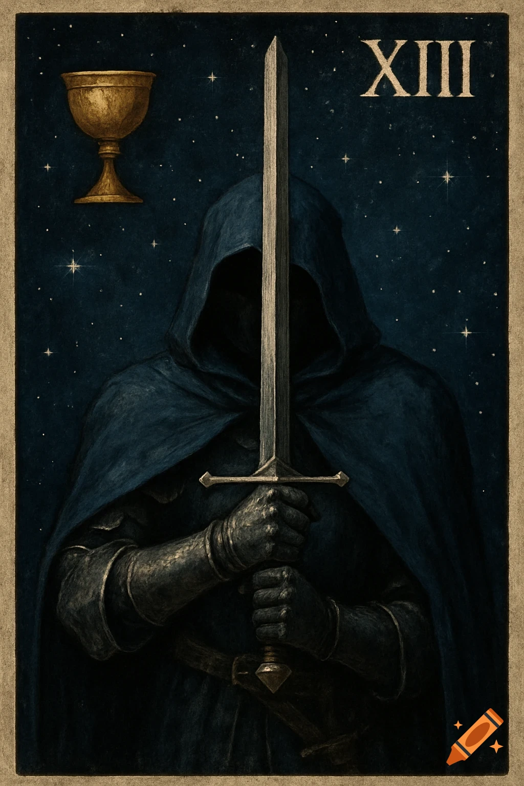 A hooded figure in a dark cloak holds a sword and chalice against a starry sky, with 'XIII' in the corner. Illustration style.