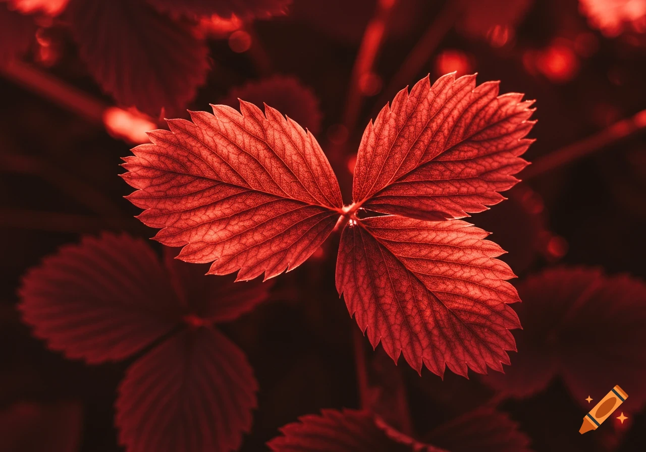 Macro photo of dark red strawberry leaves