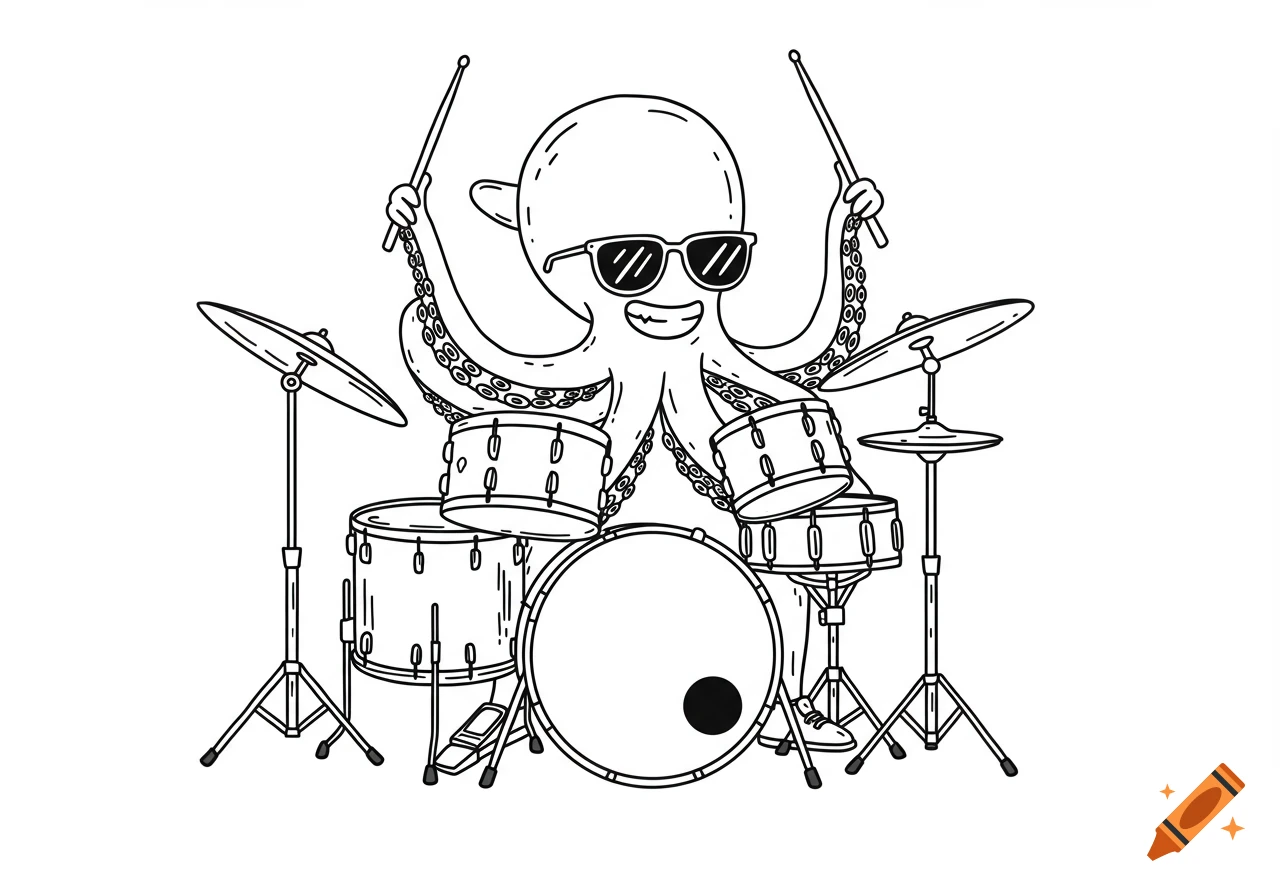 Outline drawing of a cool octopus wearing sunglasses and playing drums.