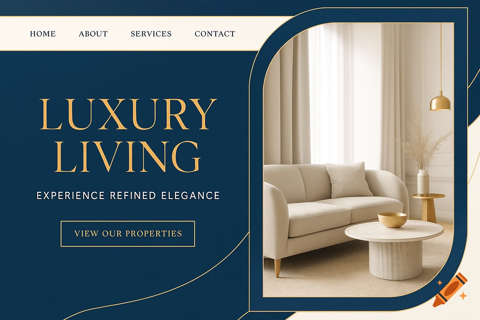Luxury website design with dark blue and gold text, showing a modern living room interior.