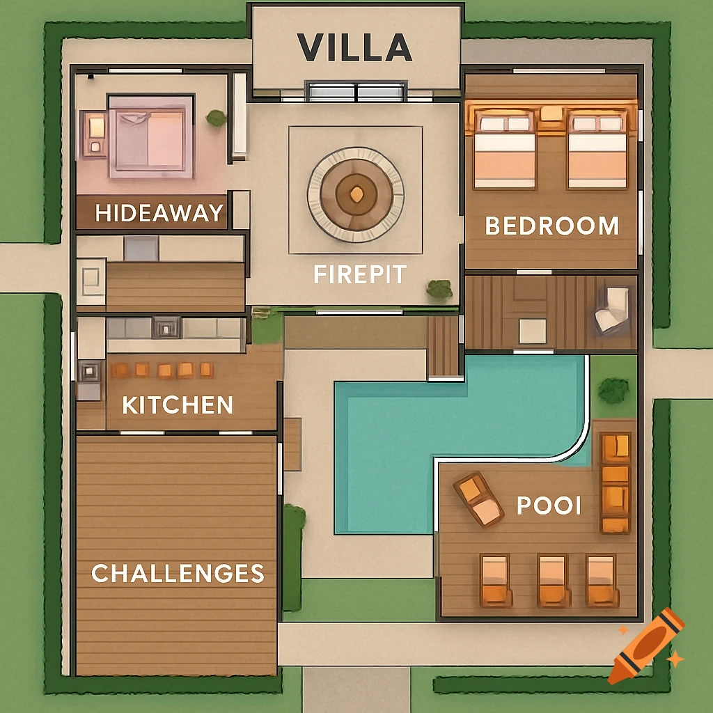 An overhead floor plan illustration of a villa with rooms labeled.