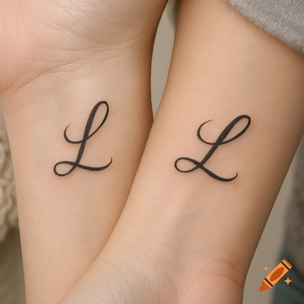 Two wrists with matching script letter L tattoos.