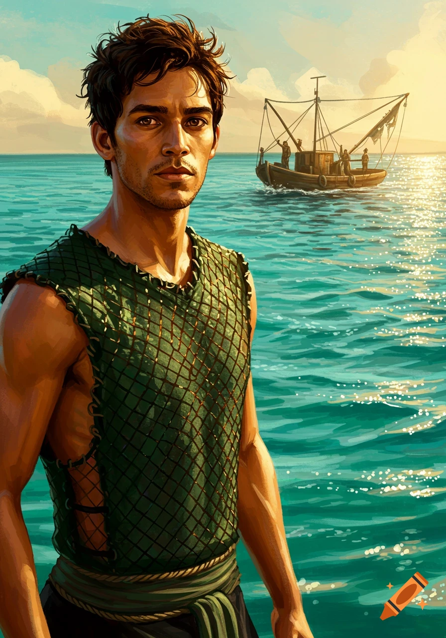 A young man stands by the sea with a fishing boat in the background, digital painting.