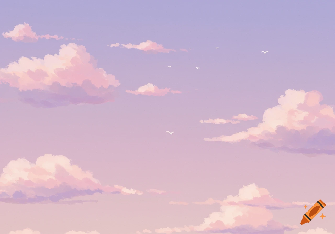 Pastel purple and pink sky with fluffy clouds and white birds.