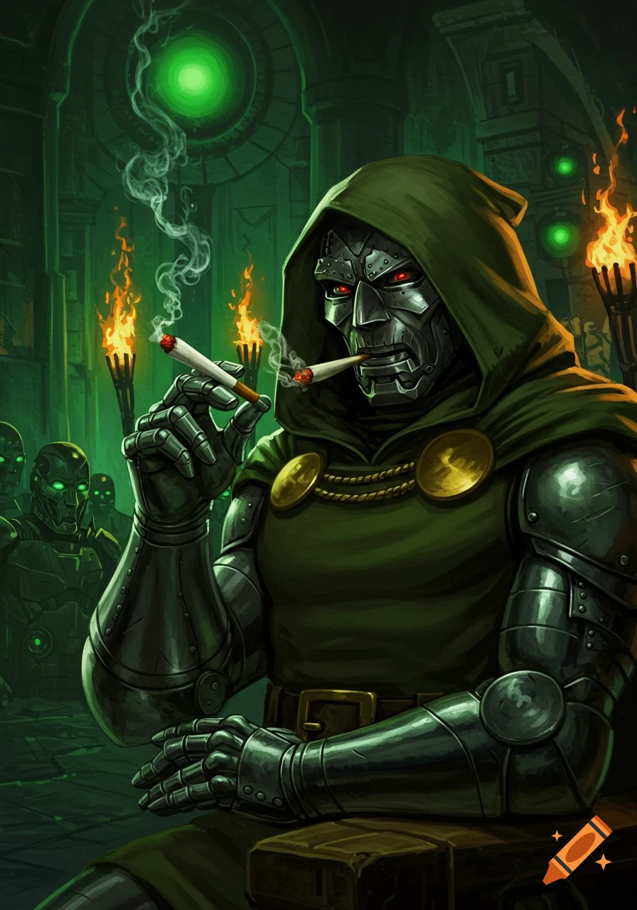 Doctor Doom smoking two cigarettes in a dark green lair with torches and robots.