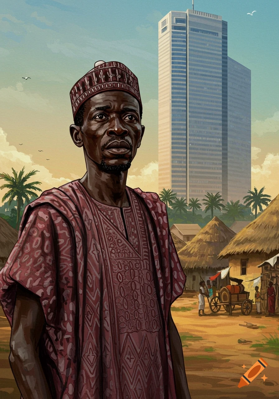 A man in traditional African clothing stands before a village with a large skyscraper in the background.