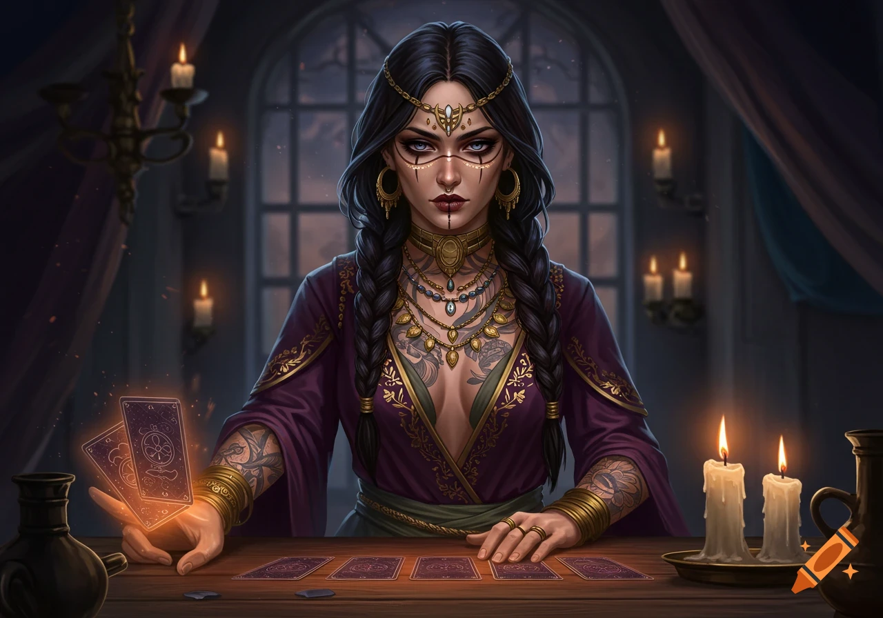 A striking fortune teller in a mystical room with tarot cards and candles.