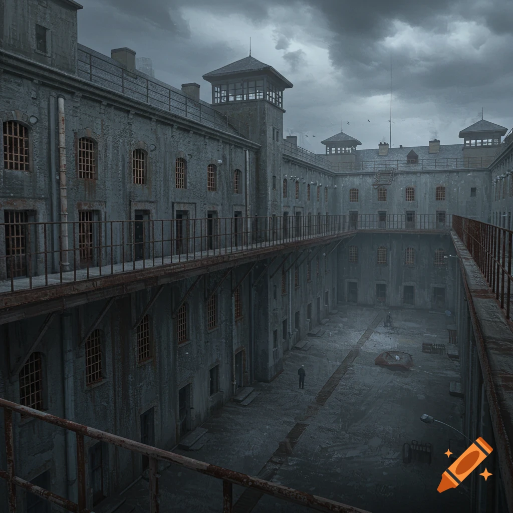 A large, gloomy concrete prison courtyard under a dark, cloudy sky with balconies overlooking the yard.