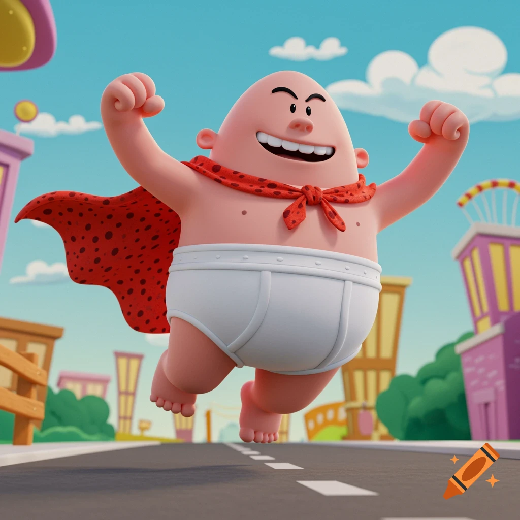 3D render of Captain Underpants flying over a road