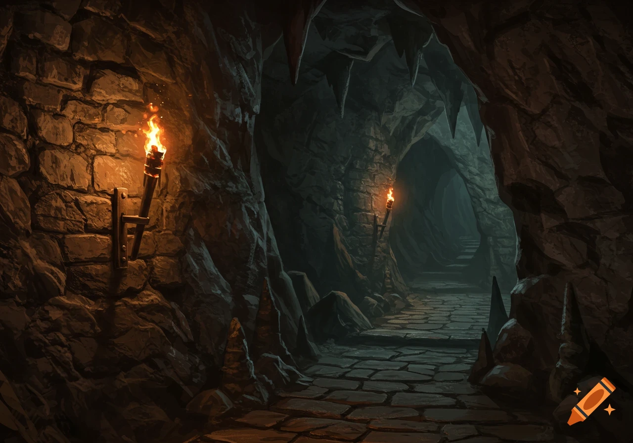 A torchlit stone path leads through a dark fantasy dungeon cave.