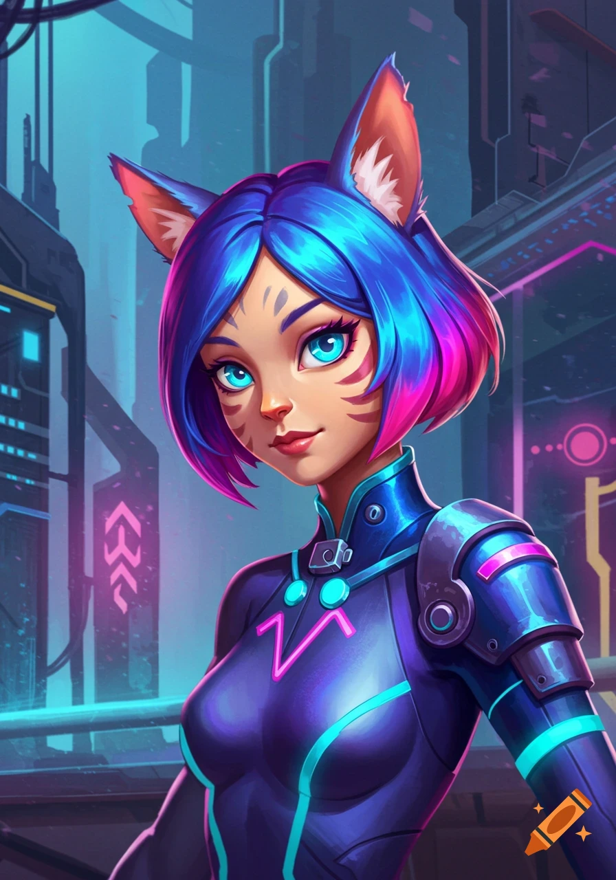 Stylized cat girl character with blue and pink hair and cat ears in a cyberpunk city