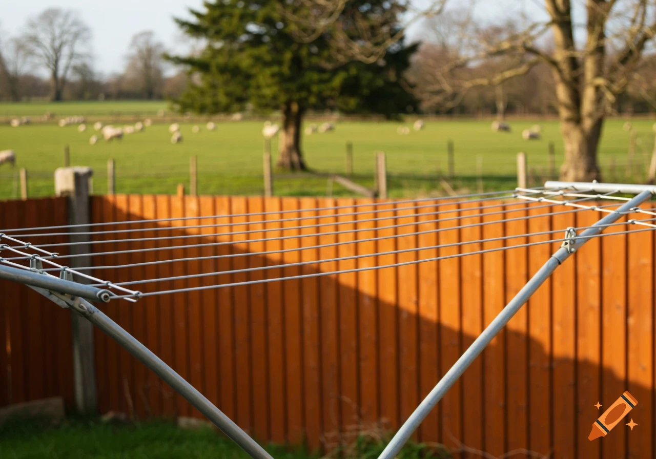 Close-up of empty washing line in front of a fence with a field and sheep in the background on a sunny day.