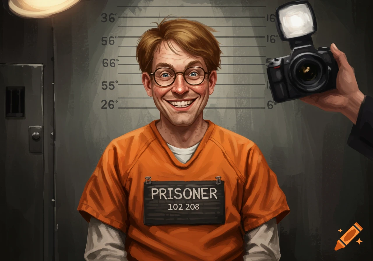 A man with light brown hair and glasses in an orange prison uniform smiles broadly for a mugshot.