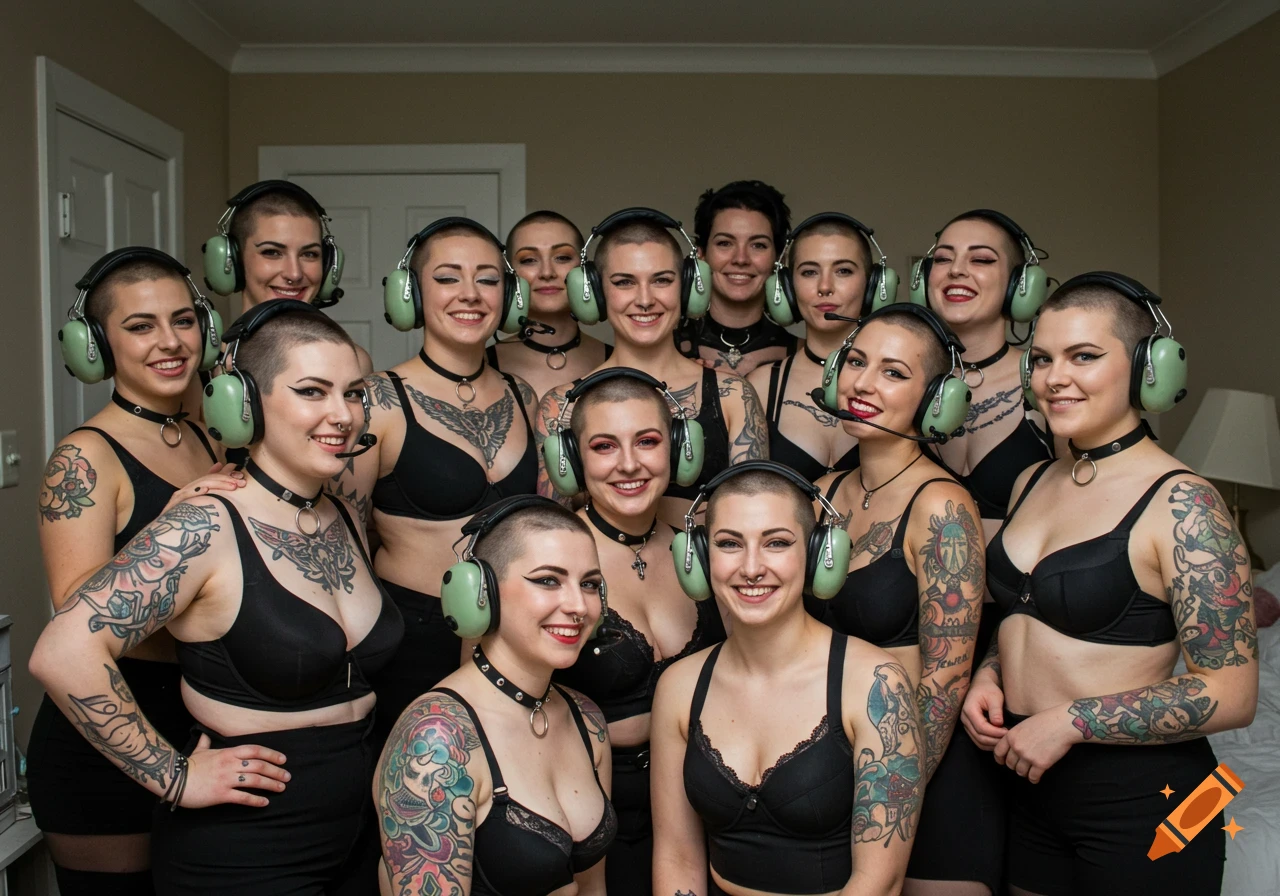 Group of smiling women with buzzcuts, tattoos, and headsets wearing bras