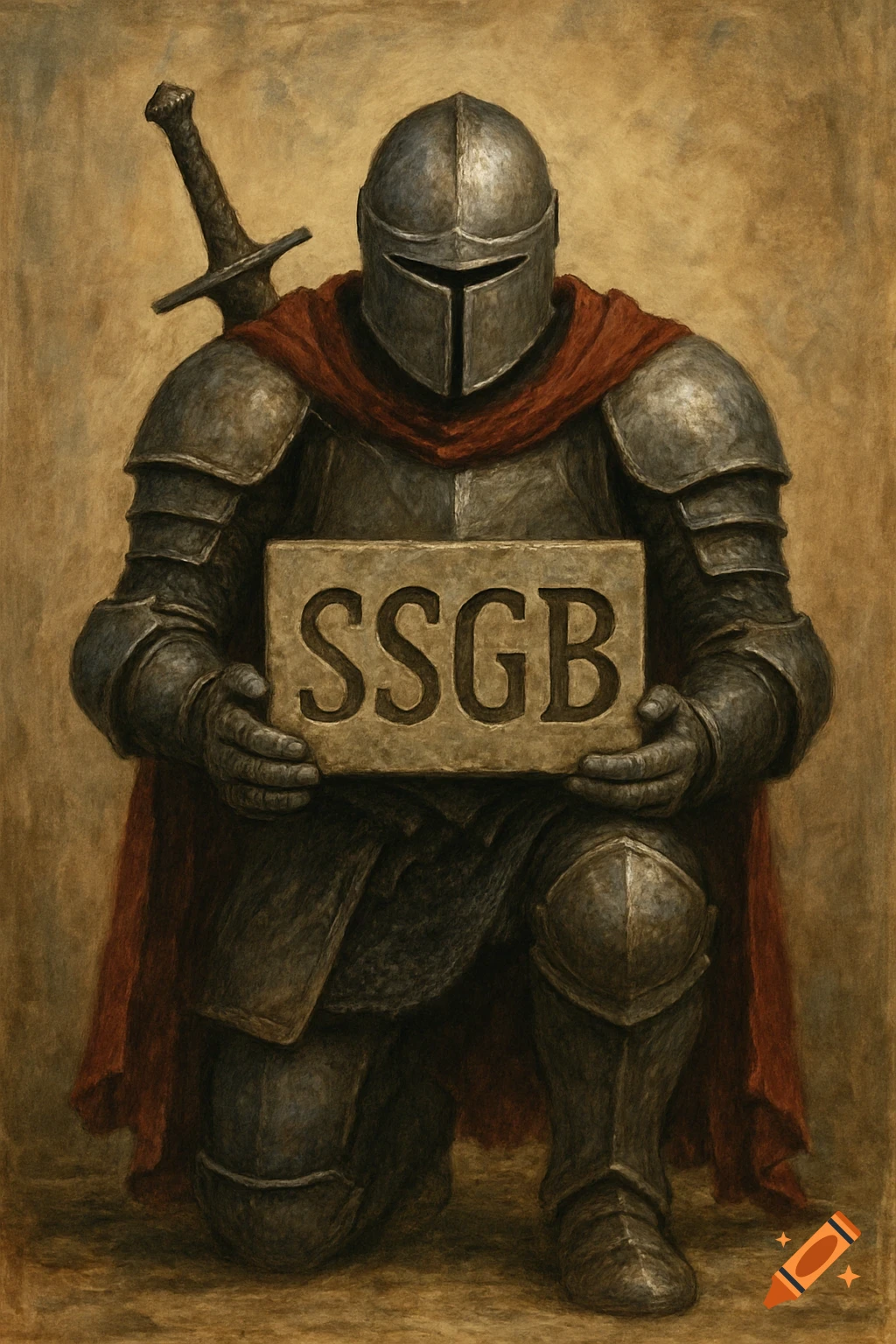 Kneeling armored knight holding a stone slab with SSGB carved into it, fantasy art style.