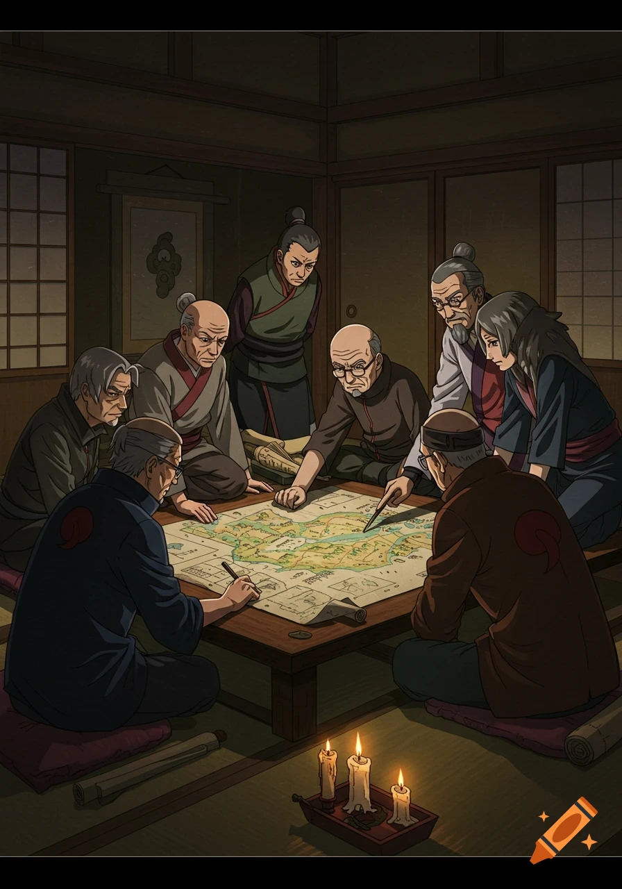 Anime style illustration of a group of elders gathered around a map in a dimly lit room, plotting strategy.