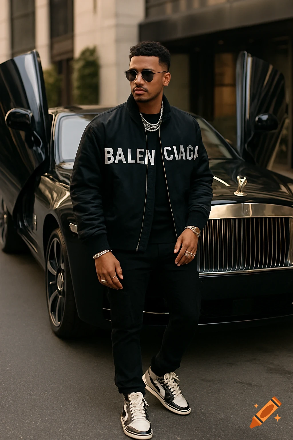 Stylish man in streetwear poses by a black luxury car with butterfly doors open.
