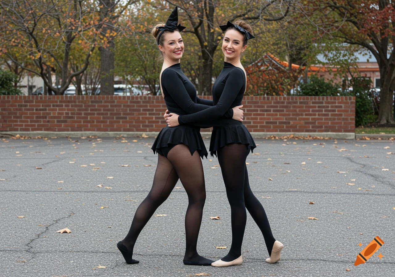 Two young women in black witch costumes and tights hug and pose outdoors.