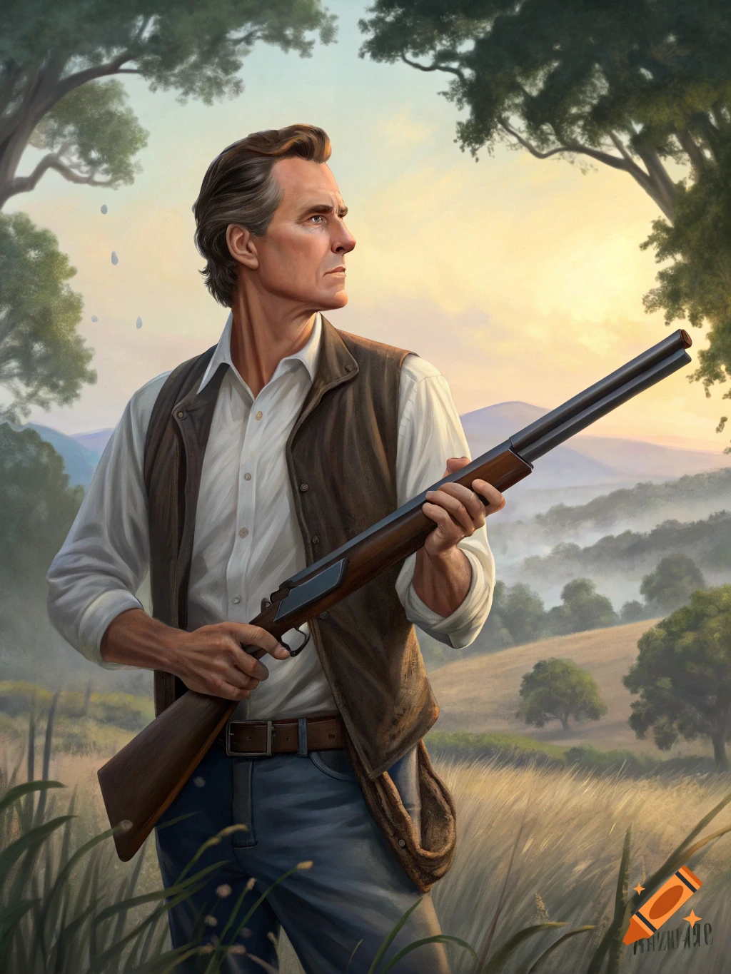 An illustrative portrait of a man holding a shotgun in a grassy field at sunset.
