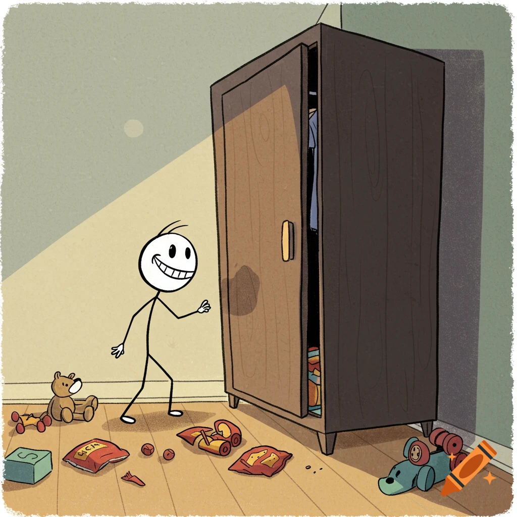 Cartoon stick figure character walks towards a wardrobe in a messy room with toys and spilled snacks.