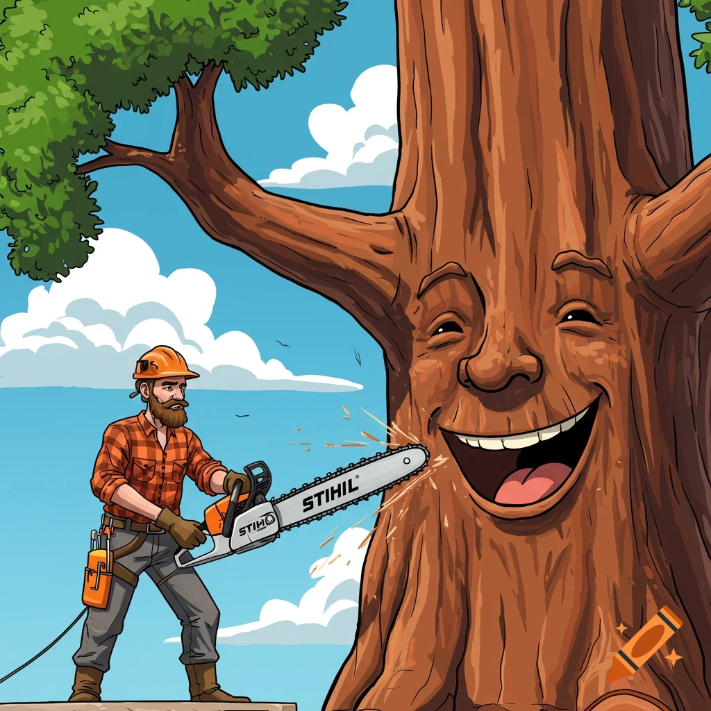 Cartoon arborist cuts a giant smiling tree with a chainsaw.