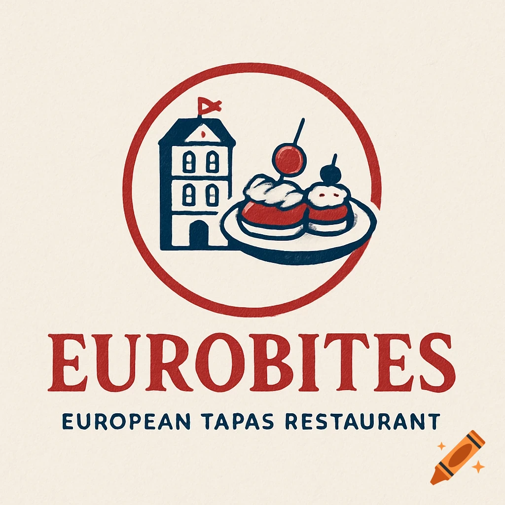 Logo for Eurobites European Tapas Restaurant with a building and tapas ...