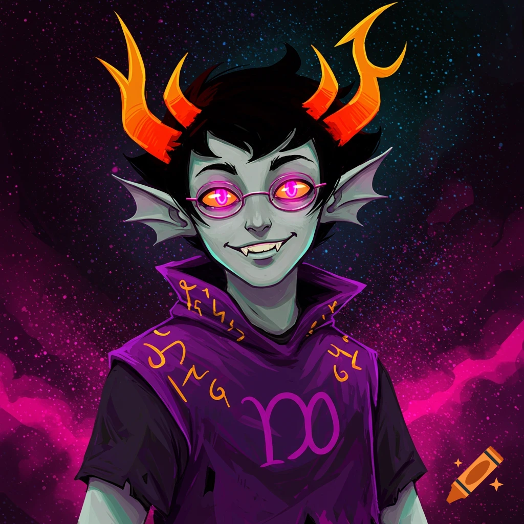 Close-up portrait of a fantasy character with grey skin, horns, glasses, fangs, and pointed ears, wearing a purple garment with symbols, against a space background.
