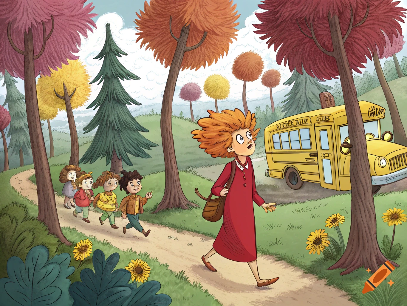 A cartoon illustration of Ms. Frizzle and students walking towards a yellow school bus in a forest.