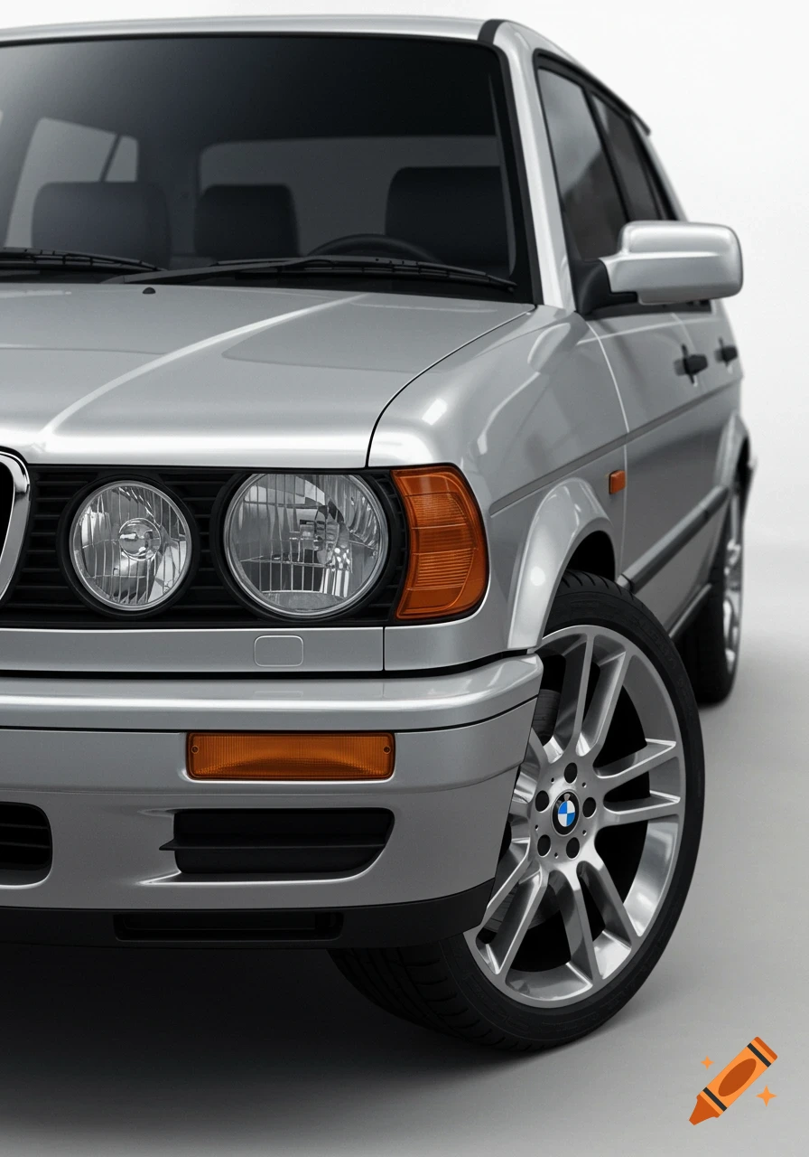 Close-up view of a silver classic car with BMW style wheels.