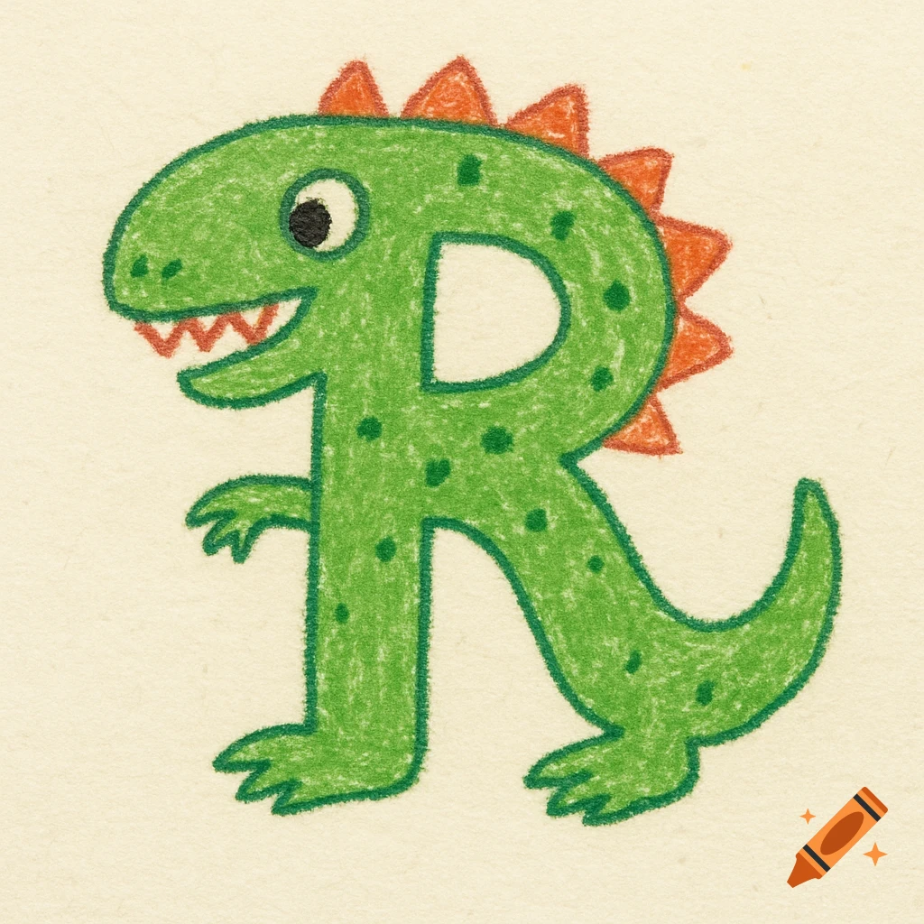 A green dinosaur in the shape of the letter R, drawn in a childish crayon style.