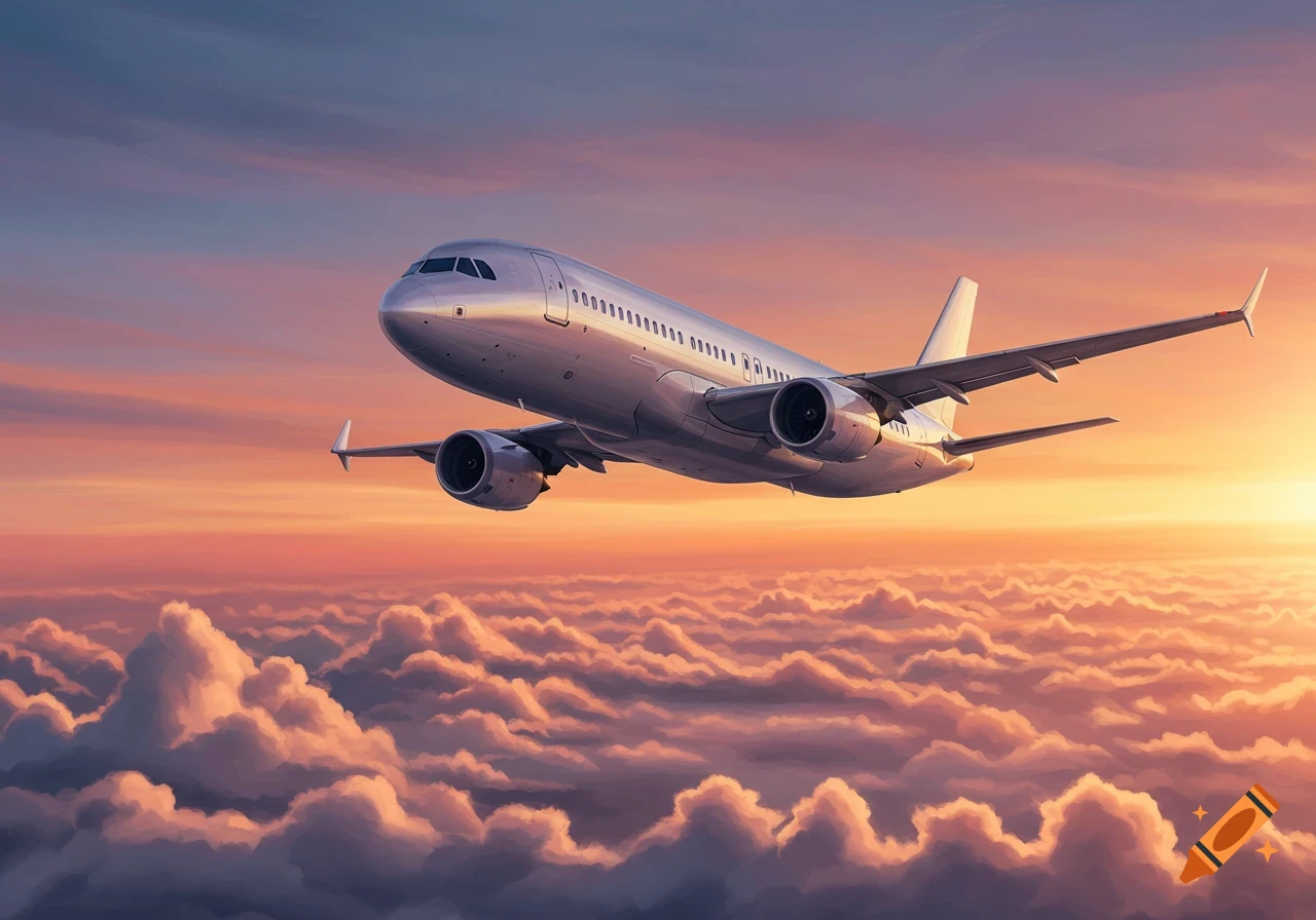 A silver airplane flies above golden clouds during sunset.