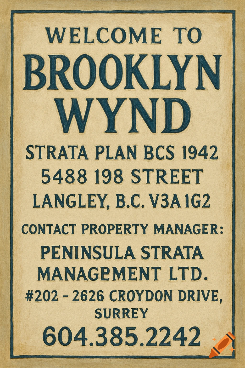 A tan sign with dark blue text reading "Welcome to Brooklyn Wynd" and property details.