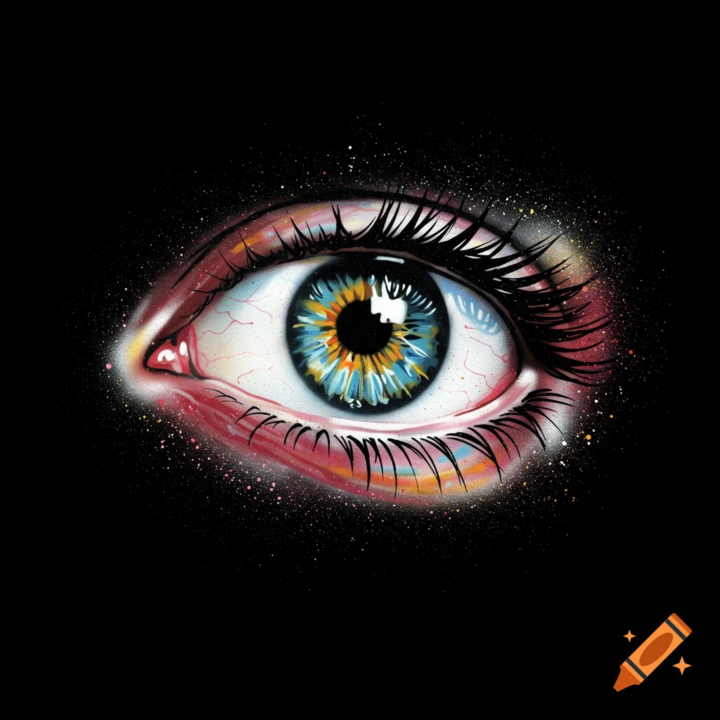Spray-painted eye with colorful iris on black background.