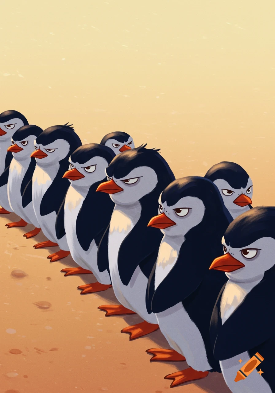 Cartoon illustration of angry penguins standing in a line on sand.