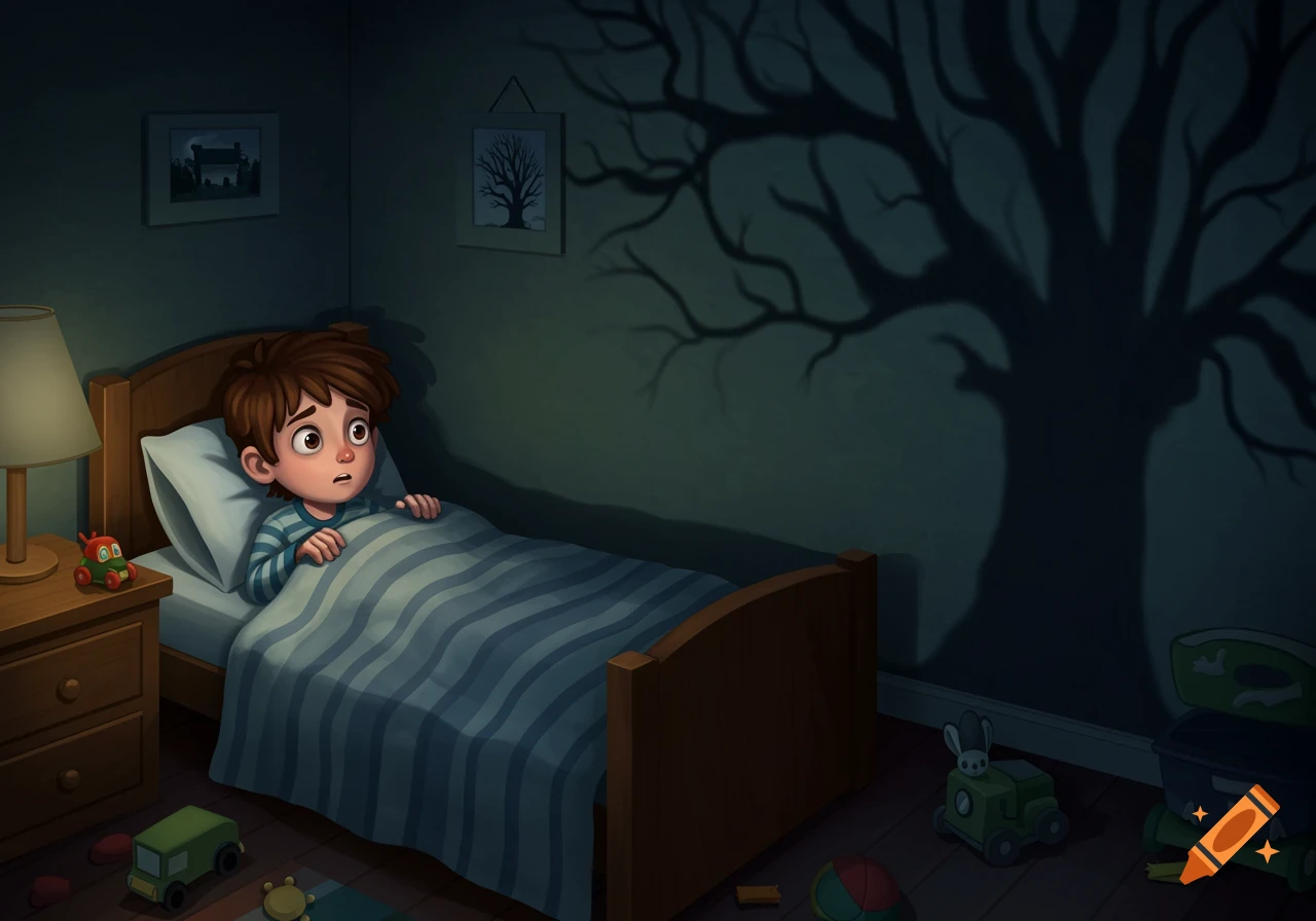 Illustration of a boy in bed, scared of the shadow of a tree on the wall.