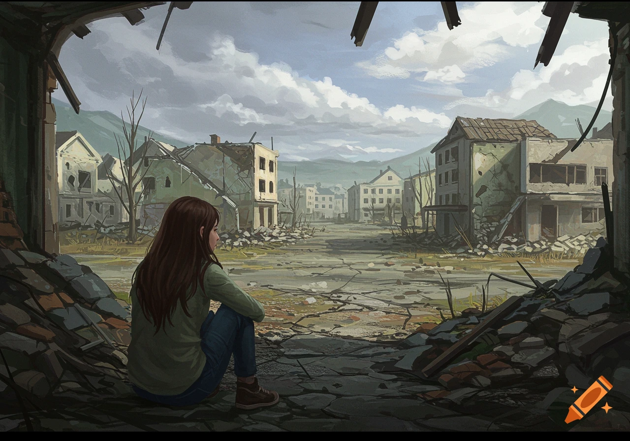 A girl sits looking out over her ruined town, destroyed by war.