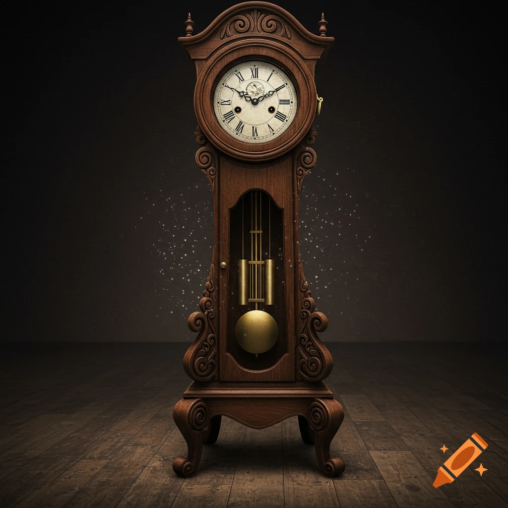 A wooden grandfather clock stands on a wooden floor in a dark room.