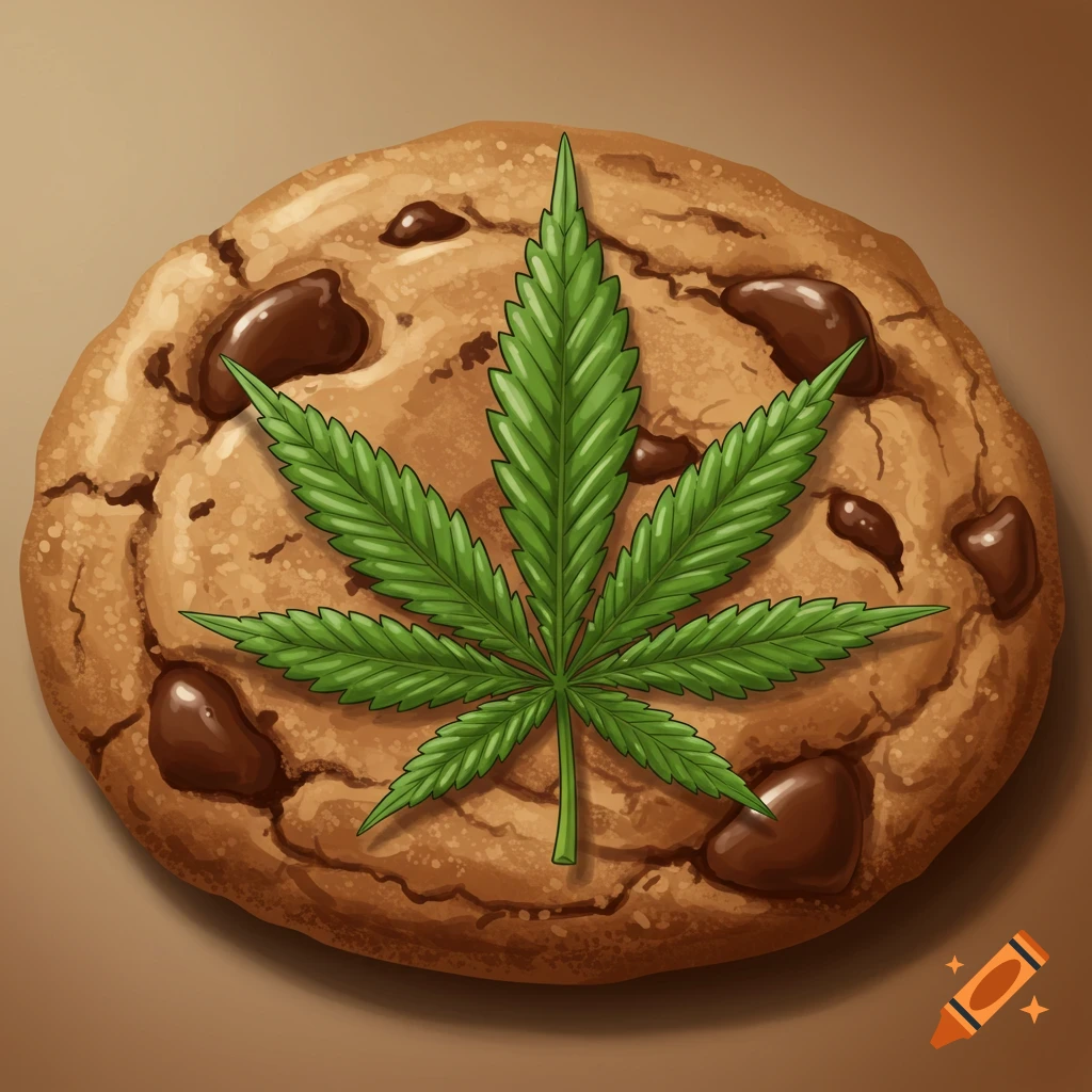 A chocolate chip cookie with a marijuana leaf on top.