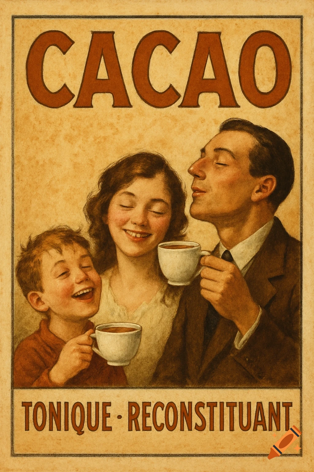 Vintage advertisement poster showing a family enjoying cacao. Text reads 'CACAO TONIQUE - RECONSTITUANT'.