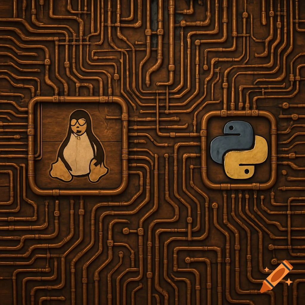 Detailed copper pipe network resembling a circuit board, with the Linux penguin logo and the Python snake logo embedded.